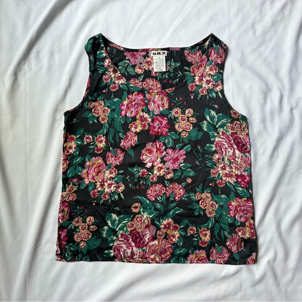 Vintage 90s SILX S Silk Floral Romantic Cottagecore Sleeveless Tank Top Blouse - Picture 2 of 6
